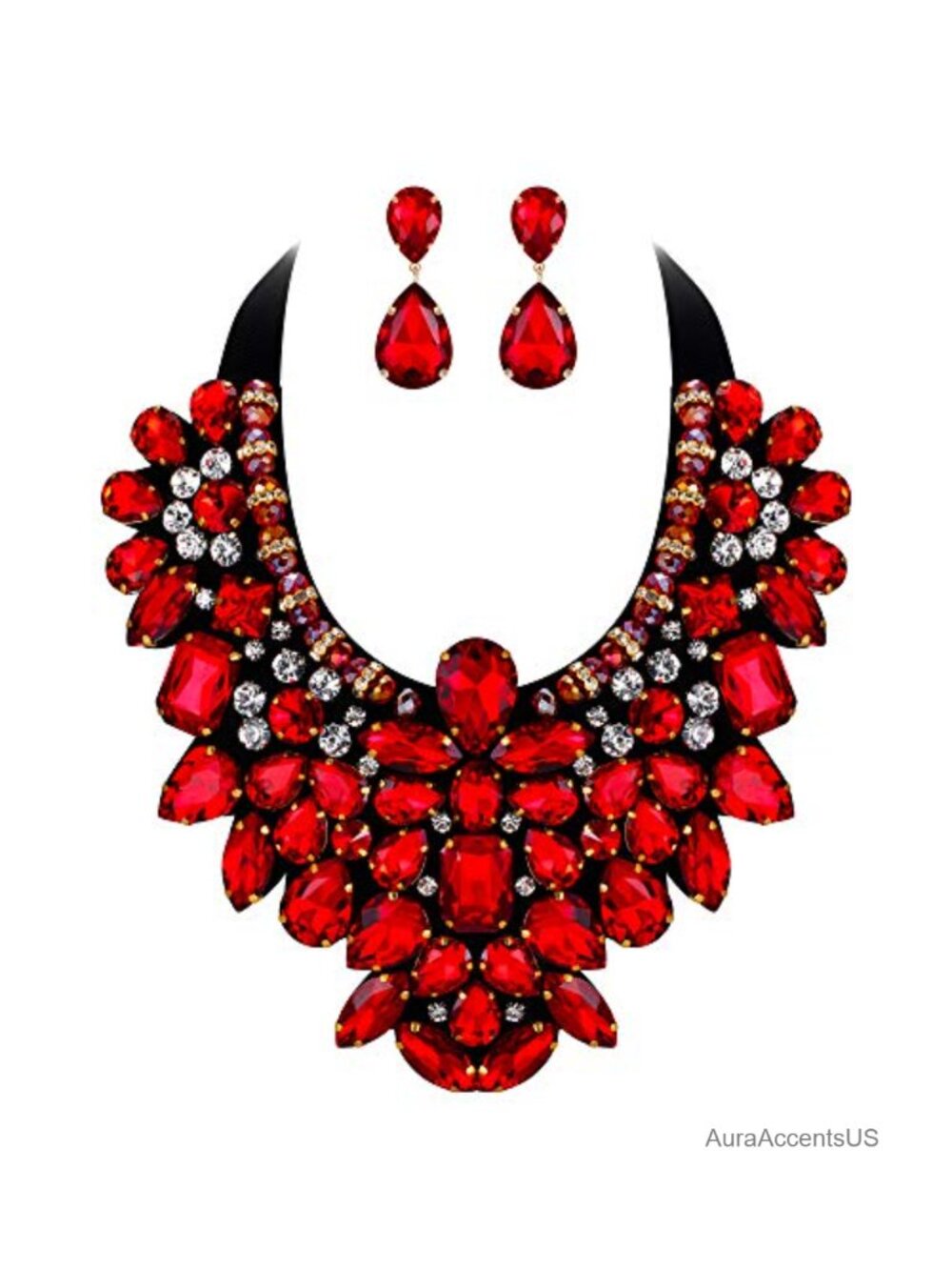 Rhinestone Crystal Statement Necklace Earrings Set Costume Jewelry